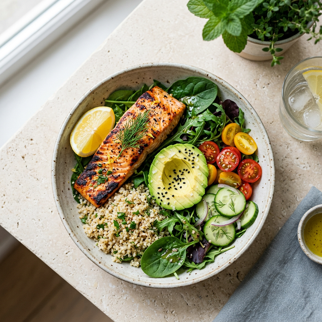 Bol équilibré au saumon, quinoa et légumes frais